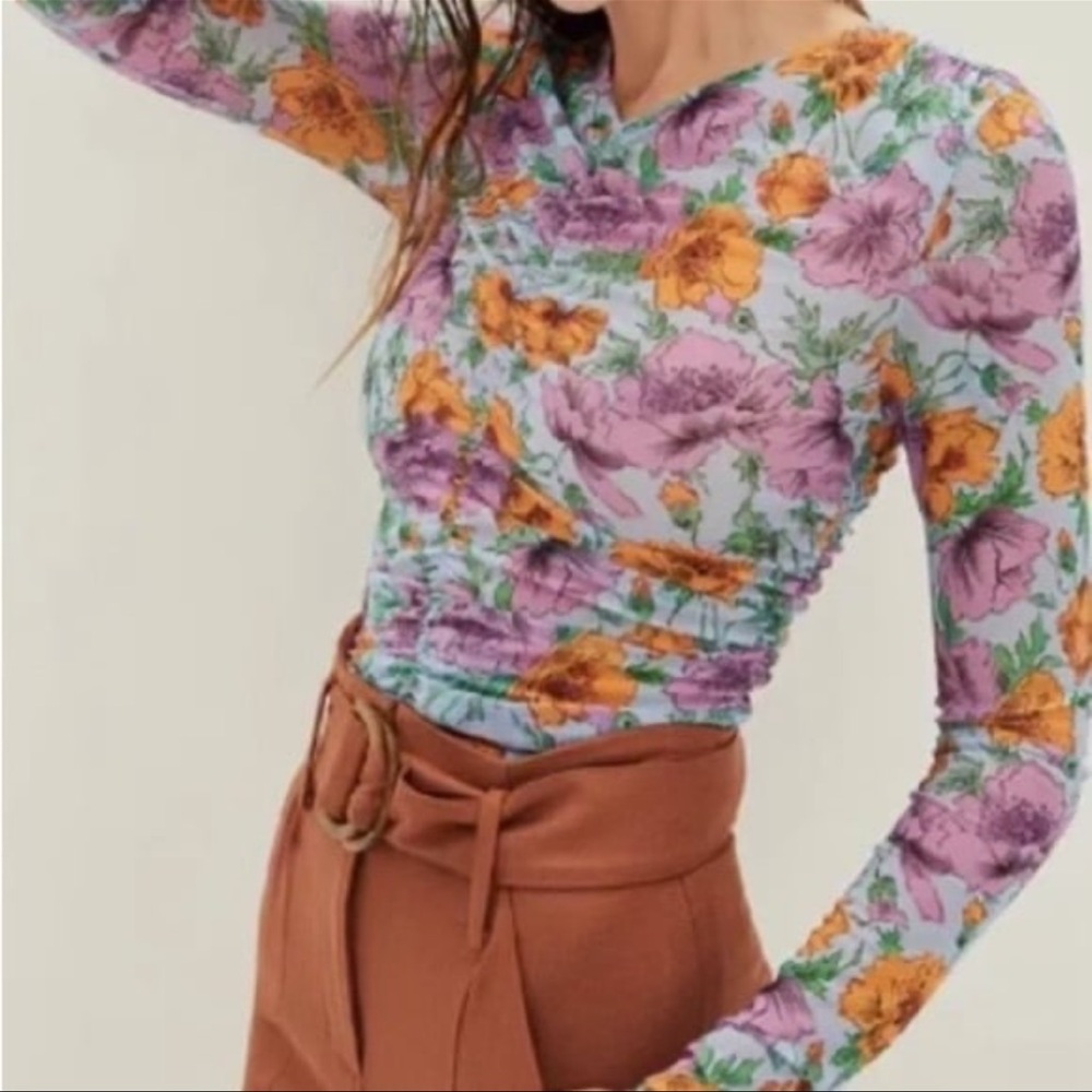 Veronica Beard Floral Myrna Ruched Long Sleeve Mesh Blouse Size 10 Designer Top
